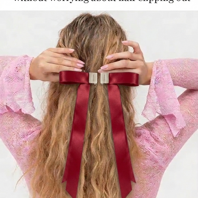 Magnetic Satin Bow Hair Clip | Long Ribbon Hair Bow | Red Coquette Aesthetic Hair Accessory for Women & Girls  (VT-12)