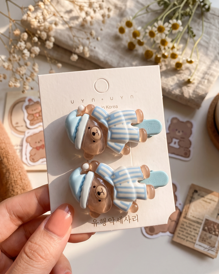 Korean Aesthetic Cute Blue Striped Sleeping Bear Acrylic Hair Clips Set (Pack of 2) (VT-189)