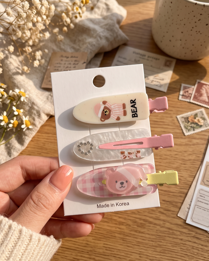 Korean Aesthetic Cute Sleeping Bear & Rhinestone Heart Acrylic Hair Clips Set (Pack of 3) (VT-192)