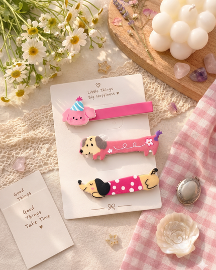 Korean Aesthetic Cute Puppy & Dog Acrylic Hair Clips Set (Pack of 3) (VT-204)