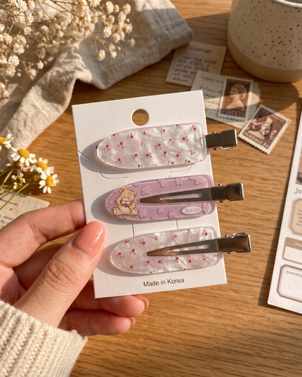Korean Aesthetic Floral & Bear Acrylic Snap Hair Clips Set (Pack of 3) (VT-193)