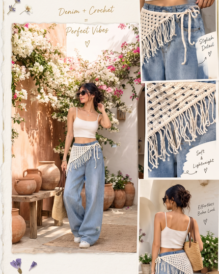 Trendy Boho White Crochet Waist Wrap & Tassel Hip Scarf for Women & Girls (VT-181)