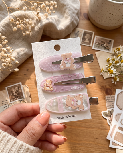 Korean Aesthetic Cute Teddy Bear & Polka Dot Acrylic Hair Clips Set (Pack of 3) (VT-195)