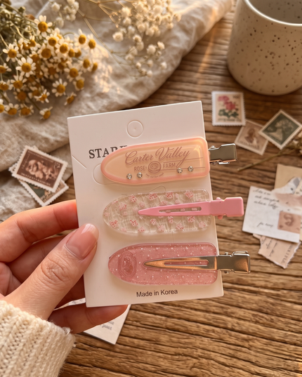Korean Aesthetic Pink Lettering & Glitter Acrylic Hair Clips Set (Pack of 3) (VT-196)