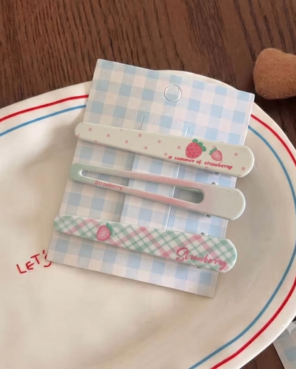 Korean Aesthetic Strawberry & Gingham Check Flat Hair Clips Set (Pack of 3) (VT-191)