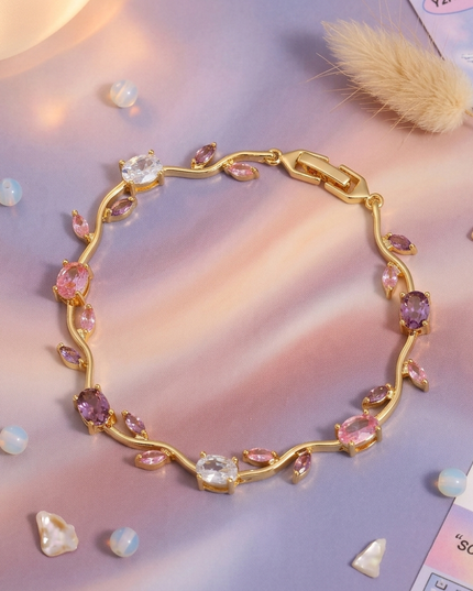 Pink & Purple CZ Stone Gold-Plated Floral Vine Bracelet | Dreamy Multistone Bracelet for Women | Aesthetic Jewellery (VT-06)