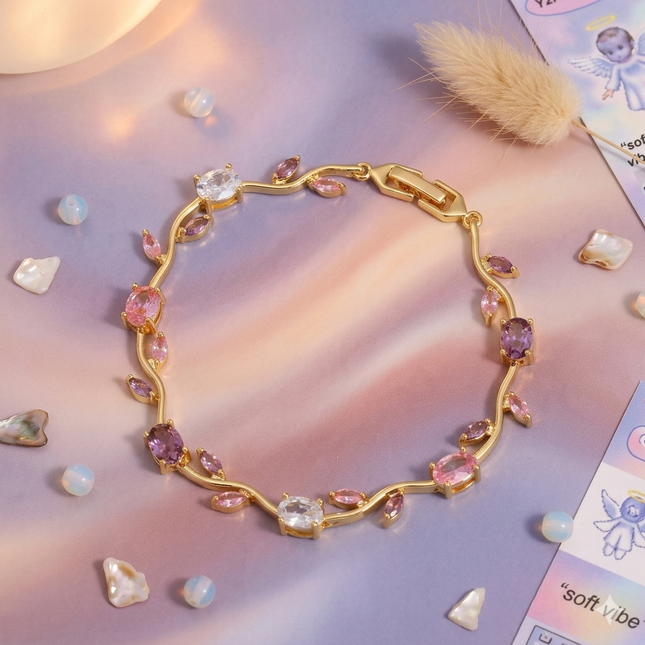 Pink & Purple CZ Stone Gold-Plated Floral Vine Bracelet | Dreamy Multistone Bracelet for Women | Aesthetic Jewellery (VT-06)