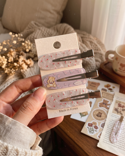 Korean Aesthetic Floral & Bear Acrylic Snap Hair Clips Set (Pack of 3) (VT-193)