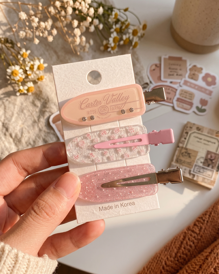Korean Aesthetic Pink Lettering & Glitter Acrylic Hair Clips Set (Pack of 3) (VT-196)