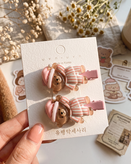 Korean Aesthetic Cute Sleeping Bear in Pajamas Acrylic Hair Clips Set (Pack of 2) (VT-188)