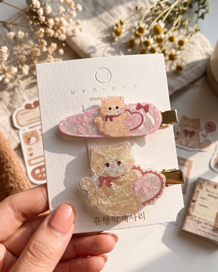 Korean Aesthetic Cute Glitter Cat & Heart Acrylic Hair Clips Set (Pack of 2) (VT-187)
