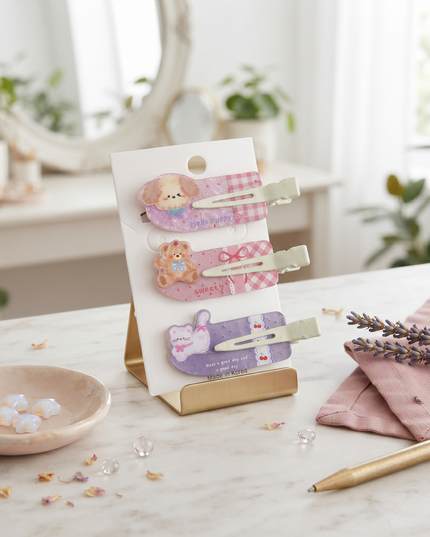Korean Aesthetic Cute Animal & Gingham Check Acrylic Hair Clips Set (Pack of 3) (VT-198)