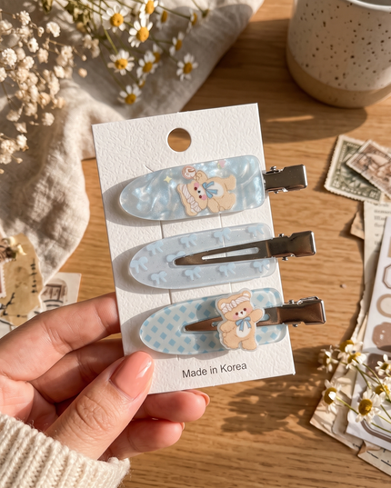 Korean Aesthetic Blue Bear & Bow Pattern Acrylic Hair Clips Set (Pack of 3) (VT-194)