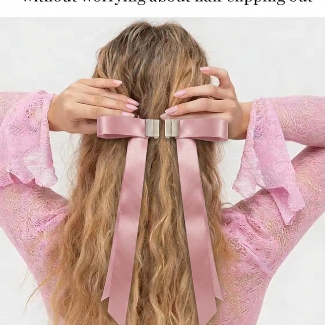 Magnetic Satin Bow Hair Clip | Long Ribbon Hair Bow | Coquette Aesthetic Hair Accessory for Women & Girls  (VT-11)