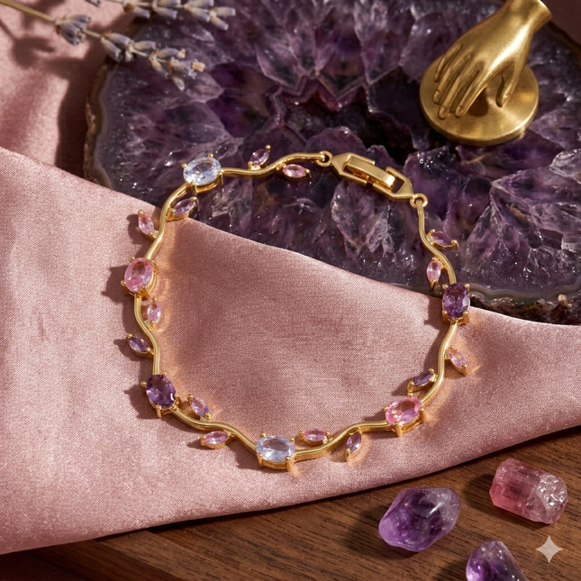 Pink & Purple CZ Stone Gold-Plated Floral Vine Bracelet | Dreamy Multistone Bracelet for Women | Aesthetic Jewellery (VT-06)