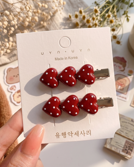 Korean Aesthetic Red Polka Dot Heart Acrylic Hair Clips & Side Pins Set (Pack of 2) (VT-185)