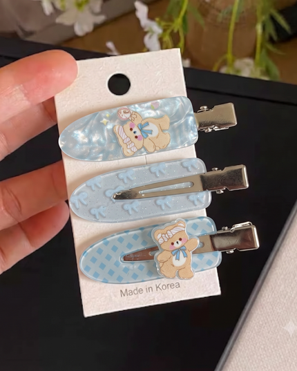 Korean Aesthetic Blue Bear & Bow Pattern Acrylic Hair Clips Set (Pack of 3) (VT-194)