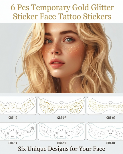 Face Freckle Tattoo Sticker Pack of 6 Gold Silver Star Heart Glitter (VT-22)