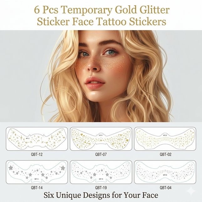 Face Freckle Tattoo Sticker Pack of 6 Gold Silver Star Heart Glitter (VT-22)