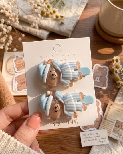 Korean Aesthetic Cute Blue Striped Sleeping Bear Acrylic Hair Clips Set (Pack of 2) (VT-189)