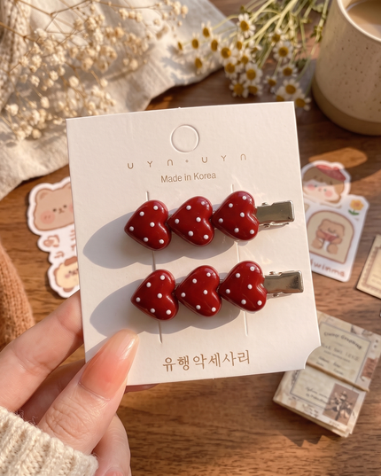 Korean Aesthetic Red Polka Dot Heart Acrylic Hair Clips & Side Pins Set (Pack of 2) (VT-185)