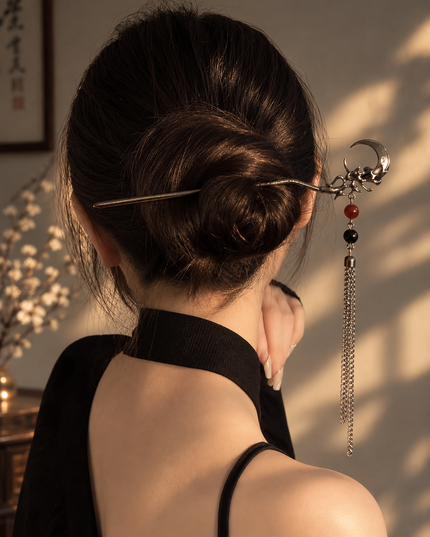 Gothic Vintage Crescent Moon & Beaded Tassel Metal Hair Stick & Chignon Pin for Women (VT-177)
