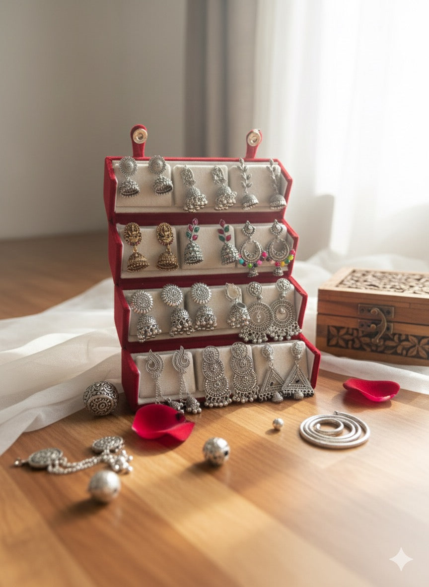 Set Of 12 Oxidized Designer Stud Earrings With Folding Jewelry Box