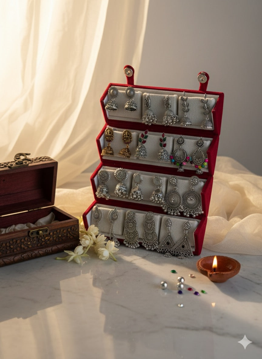 Set Of 12 Oxidized Designer Stud Earrings With Folding Jewelry Box