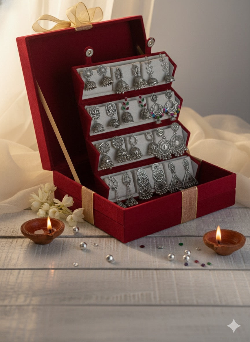 Set Of 12 Oxidized Designer Stud Earrings With Folding Jewelry Box