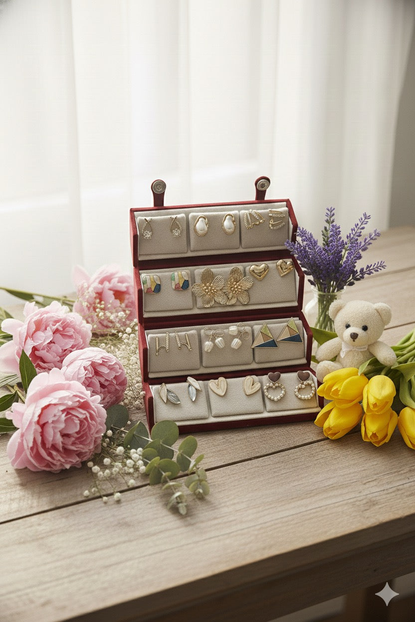 Set Of 12 Korean Style Earrings With Folding Jewelry Box