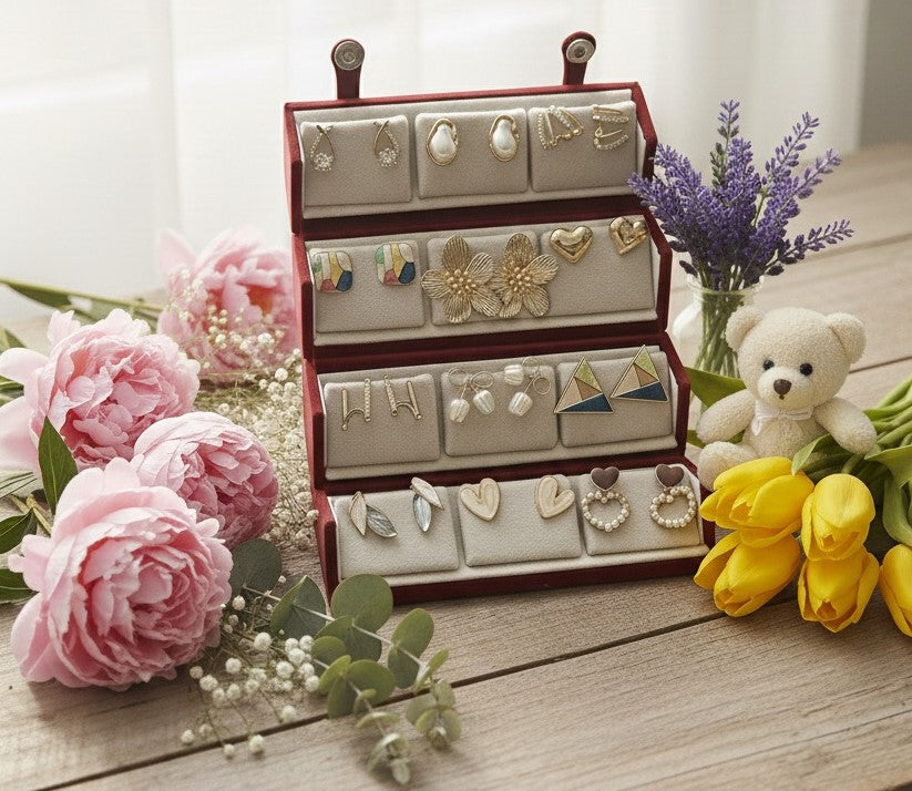 Set Of 12 Korean Style Earrings With Folding Jewelry Box