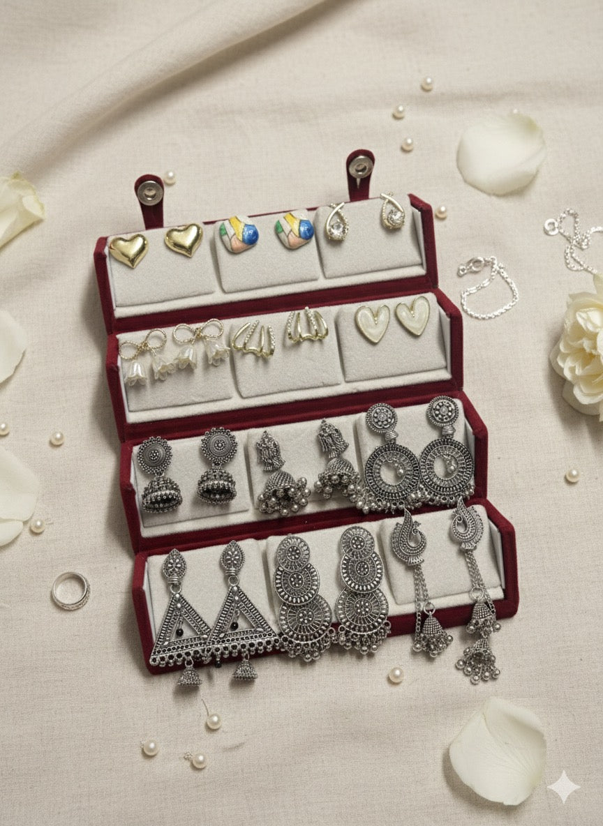 Set Of 12 Korean - Oxidized Earrings With Folding Jewelry Box