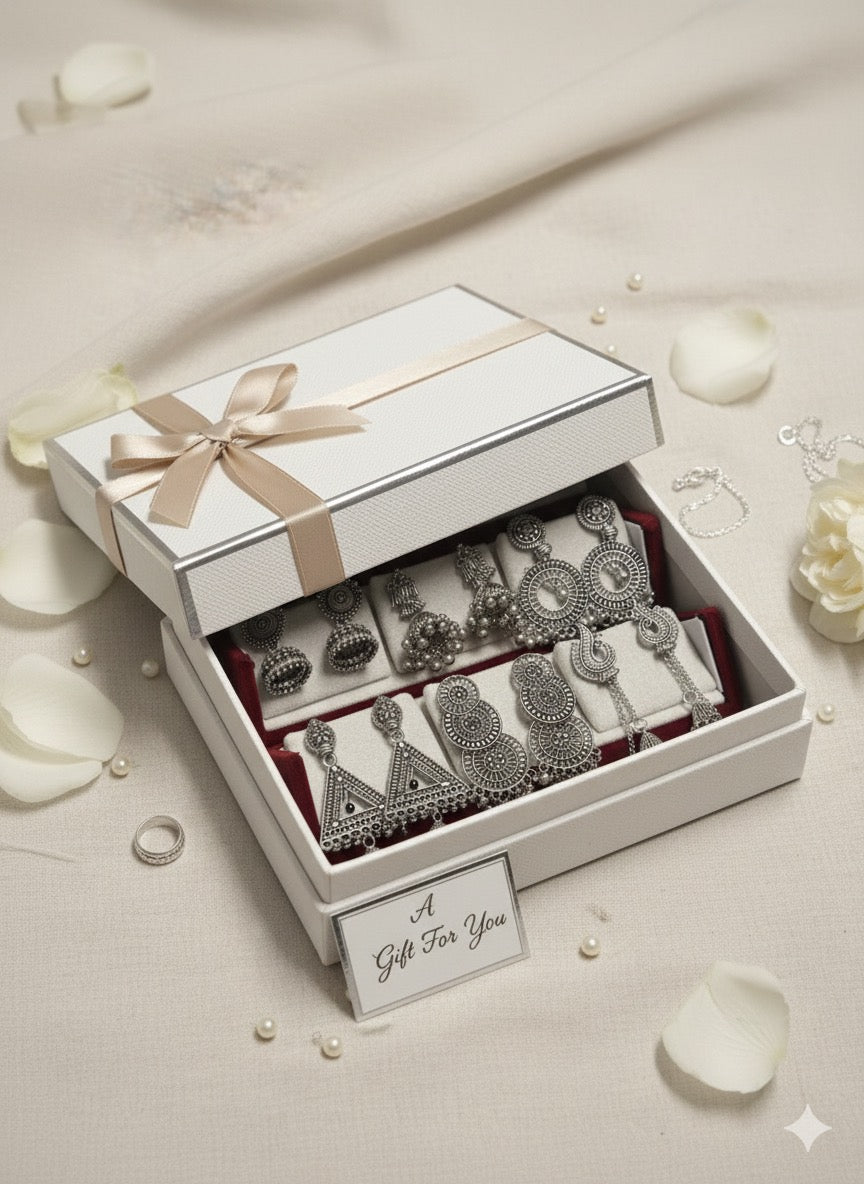 Set Of 12 Korean - Oxidized Earrings With Folding Jewelry Box