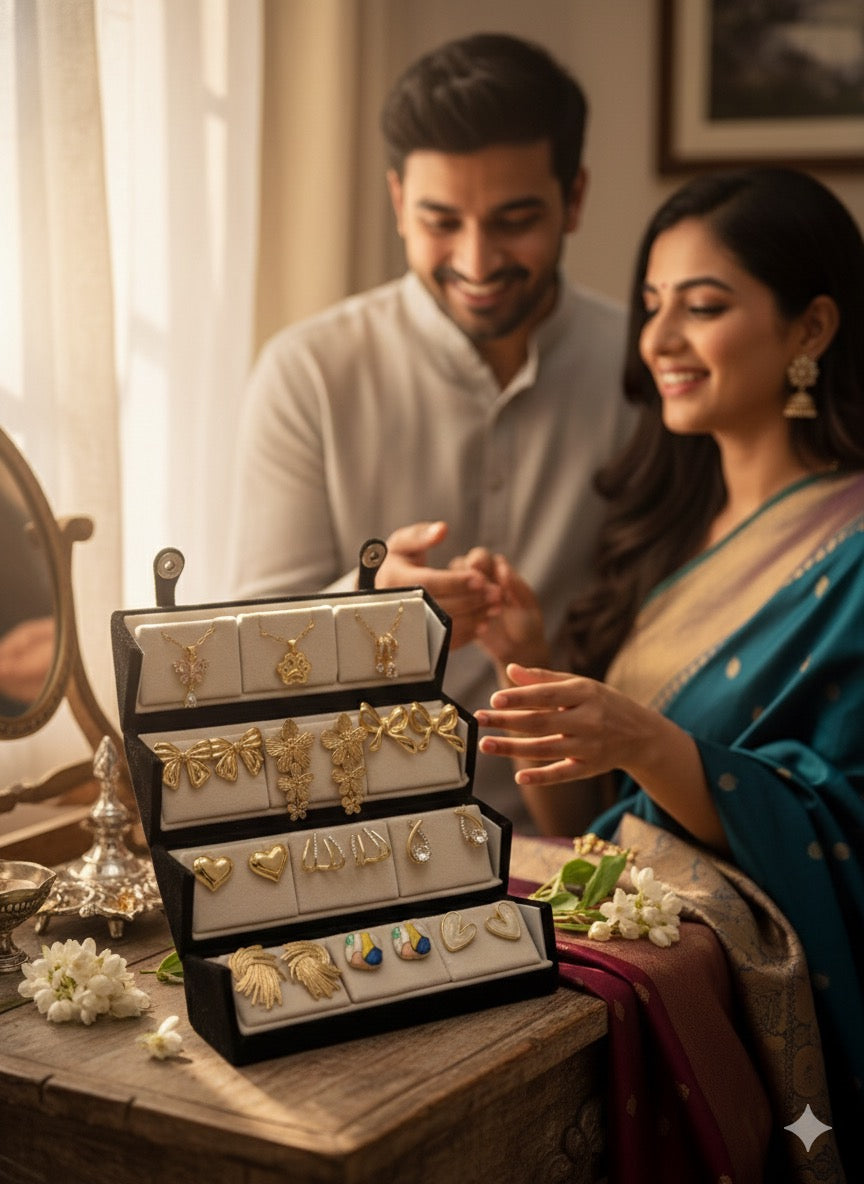 Set Of 12 Korean Earrings And Necklace With Folding Jewelry Box