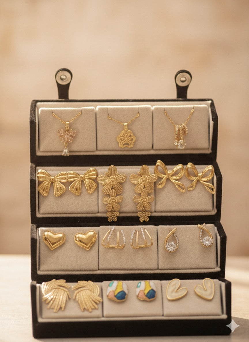 Set Of 12 Korean Earrings And Necklace With Folding Jewelry Box