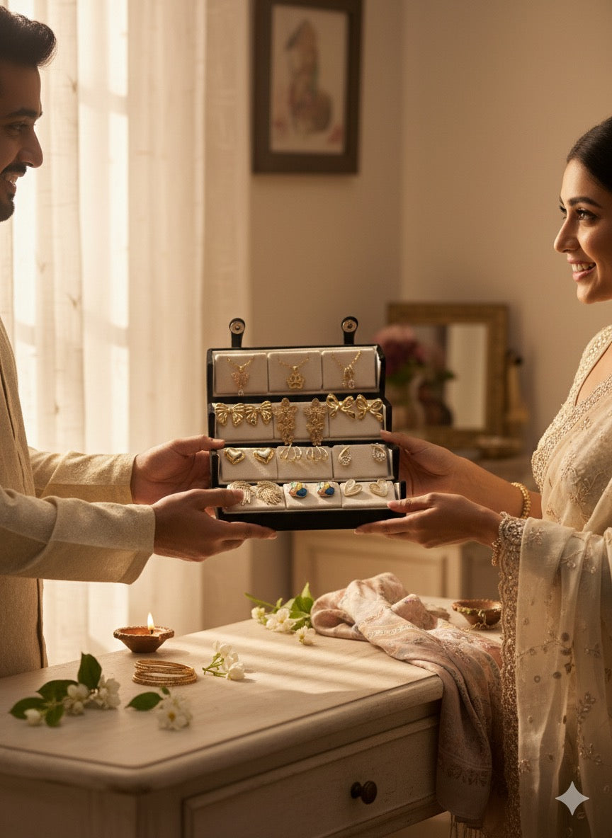 Set Of 12 Korean Earrings And Necklace With Folding Jewelry Box