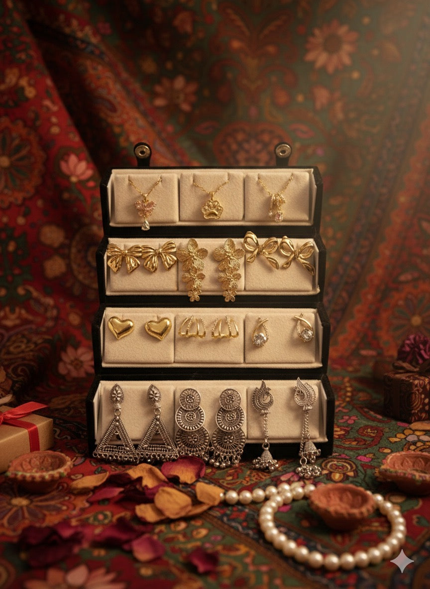 Set Of 12 Korean - Oxidized Earrings And Necklace With Folding Jewelry Box