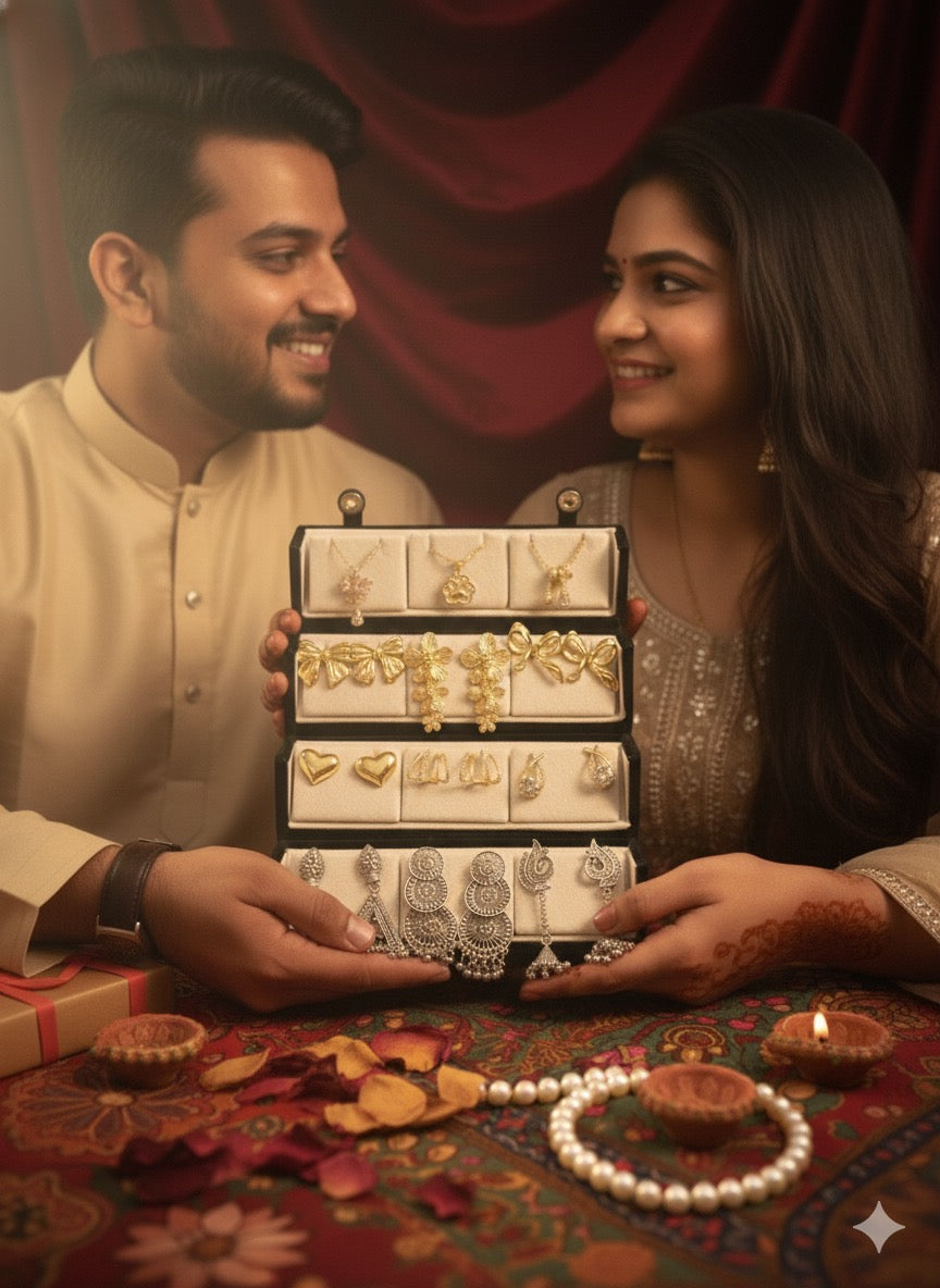 Set Of 12 Korean - Oxidized Earrings And Necklace With Folding Jewelry Box