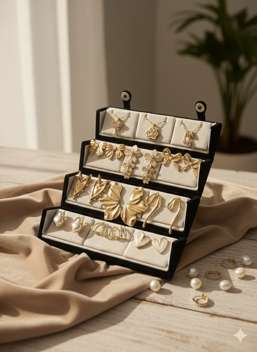 Set Of 12 Korean Earrings And Necklace With Folding Jewelry Box