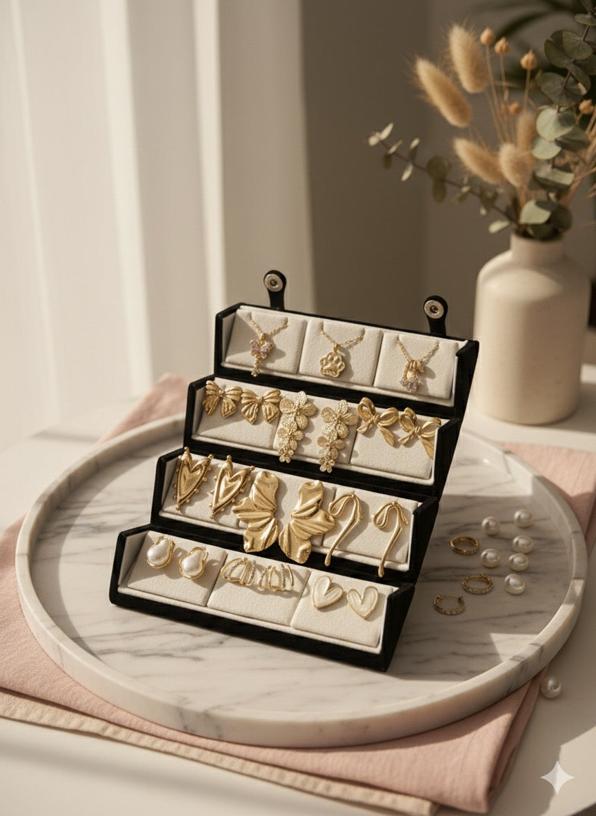 Set Of 12 Korean Earrings And Necklace With Folding Jewelry Box