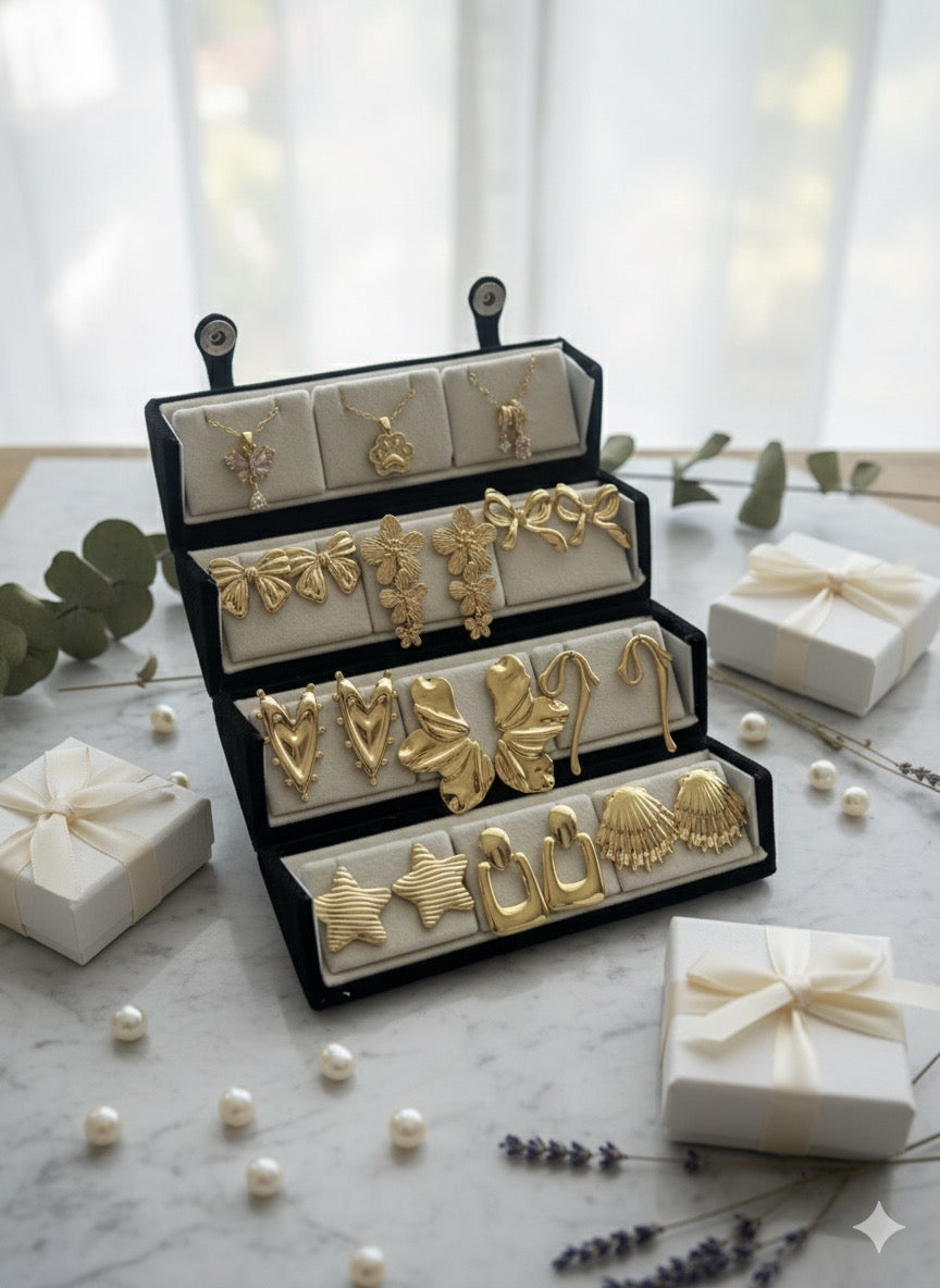 Set Of 12 Korean Earrings And Necklace With Folding Jewelry Box