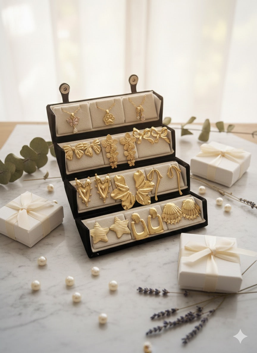 Set Of 12 Korean Earrings And Necklace With Folding Jewelry Box