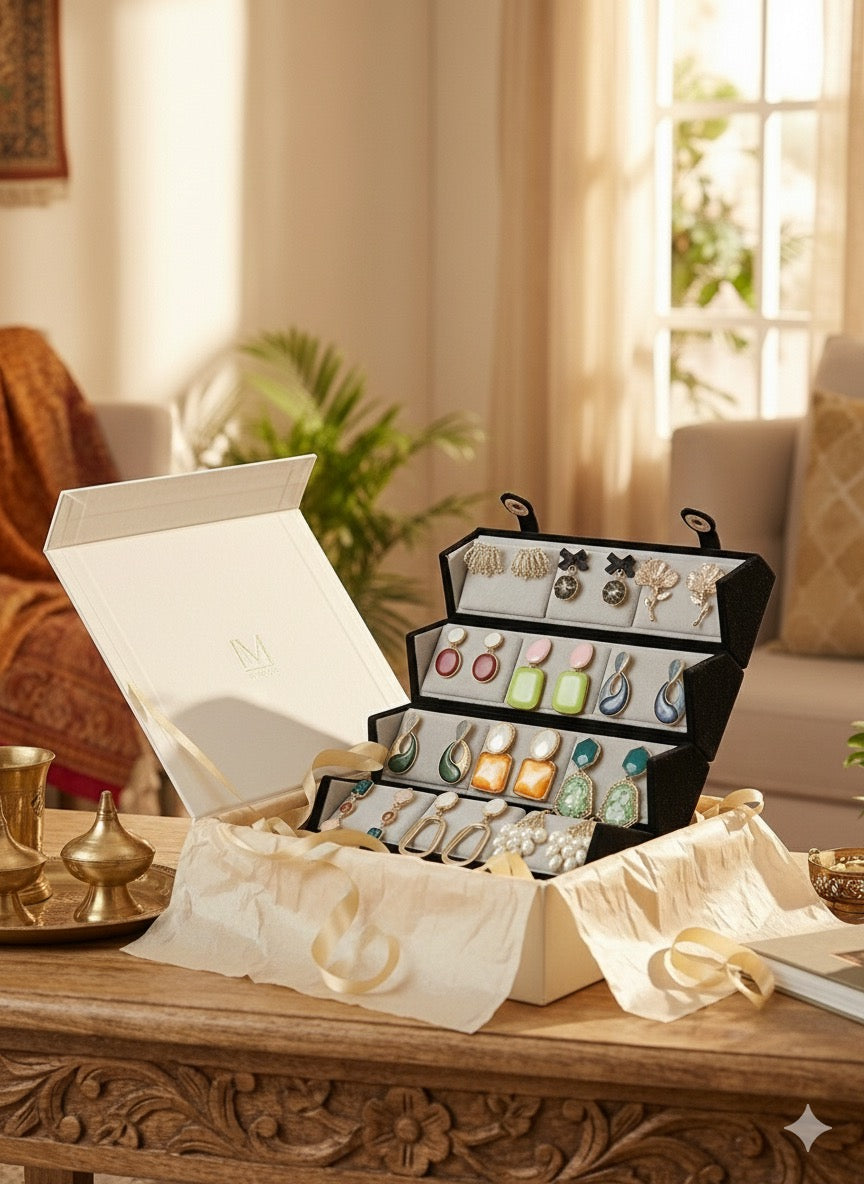 Set Of 12 Premium Korean Earrings With Folding Jewelry Box (COMBO 08)