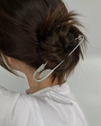 Oversized Safety Pin Hair Clip for Bun | Silver Metal Hair Pin | Korean Style Hair Accessory (VT-01)