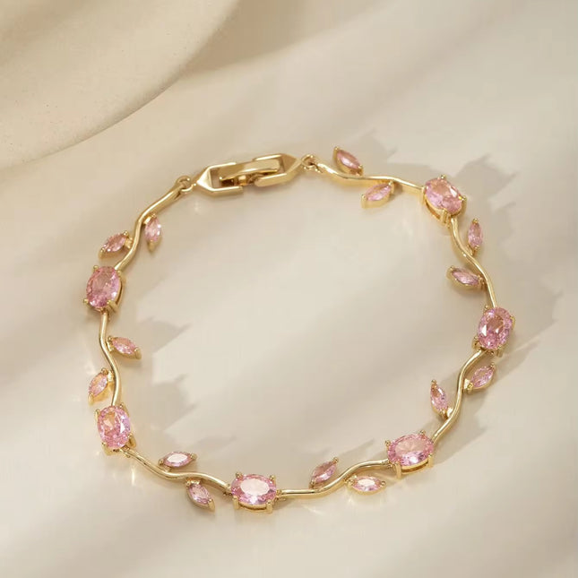 Pink Zircon Gold-Plated Floral Vine Bracelet for Women