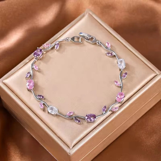 Pink & Purple Multi-Stone Silver-Plated Floral Vine Bracelet for Women