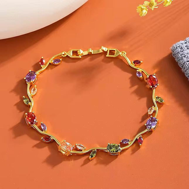 Multicolor Zircon Gold-Plated Floral Vine Bracelet for Women