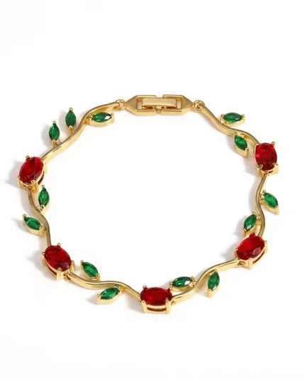 Red & Green CZ Stone Gold-Plated Floral Vine Bracelet for Women (VT-05)