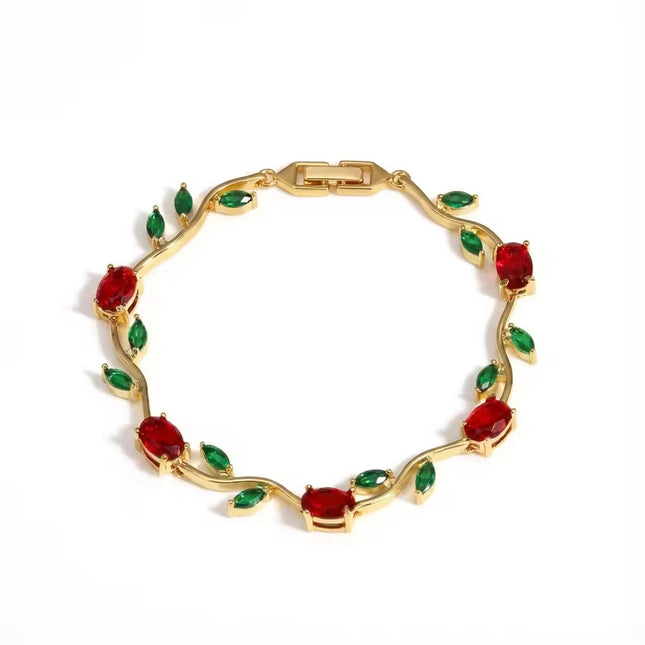 Red & Green CZ Stone Gold-Plated Floral Vine Bracelet for Women (VT-05)
