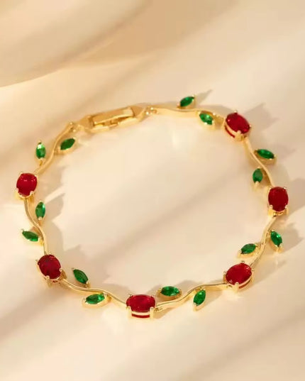 Red & Green CZ Stone Gold-Plated Floral Vine Bracelet for Women (VT-05)